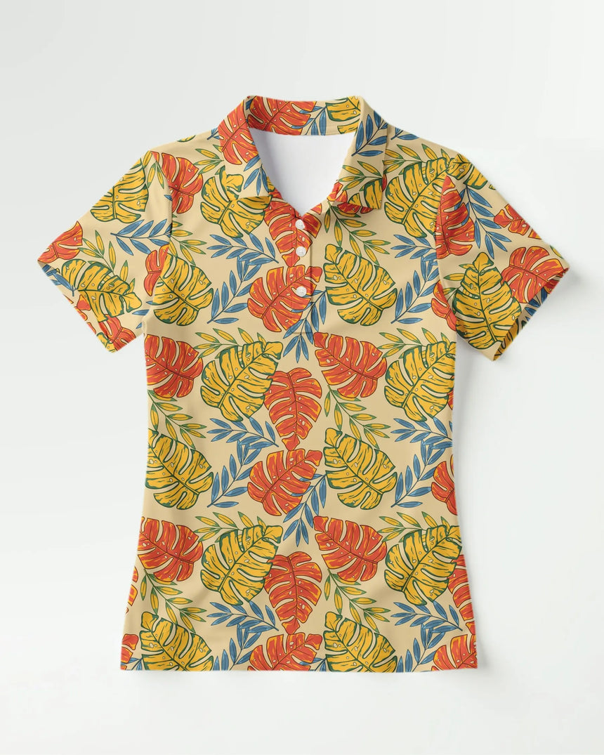women's short sleeve golf polo in Palm Bay print - front view