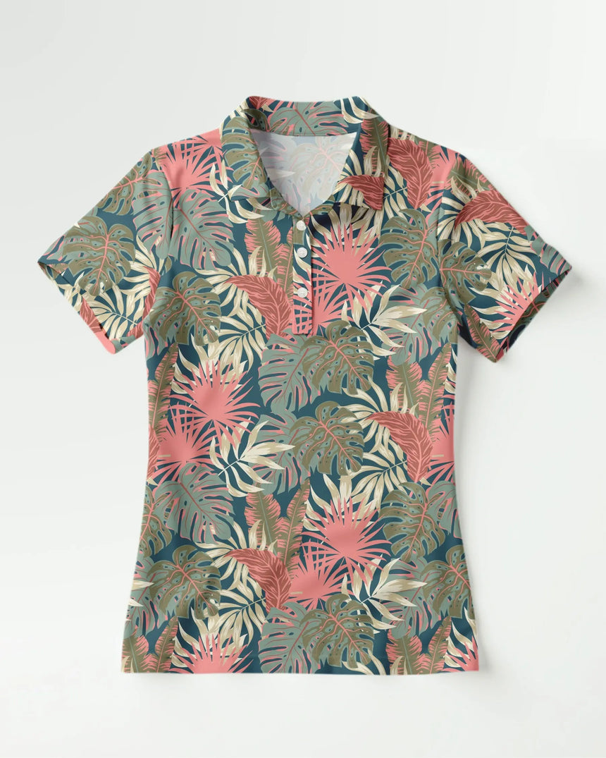 women's short sleeve golf polo in Palm Party print - front view