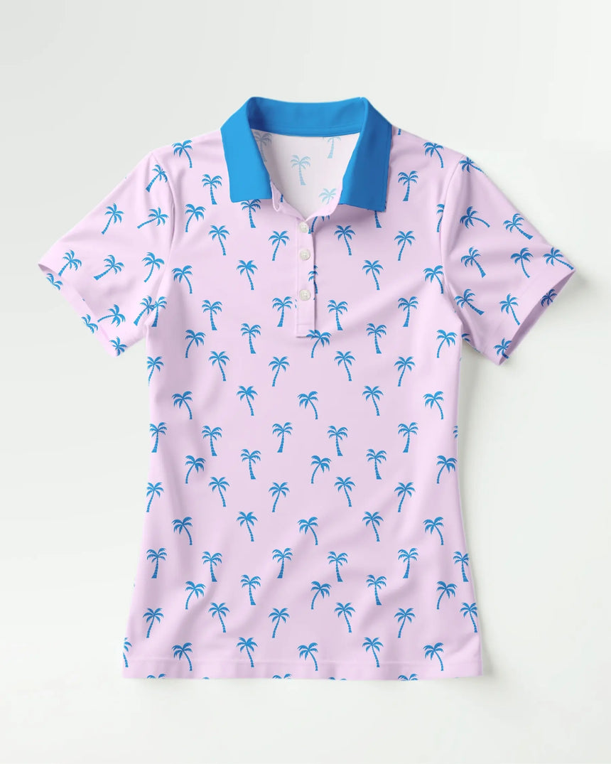 women's short sleeve golf polo in Palm Tree Pink print - front view