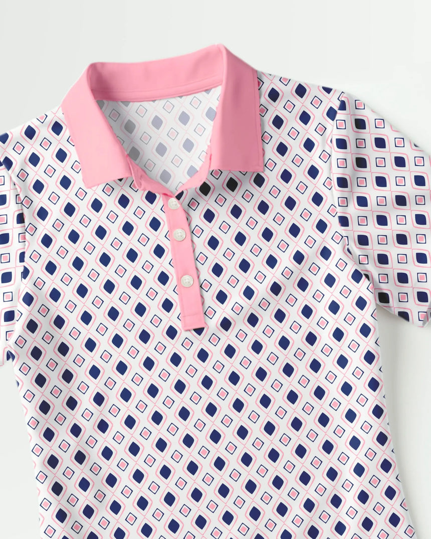 women's short sleeve golf polo in Par-fect Diamonds print - fabric closeup front view