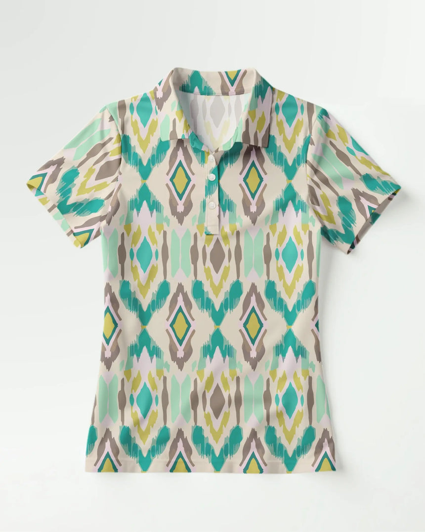 women's short sleeve golf polo in Par-tee Tribe print - front view