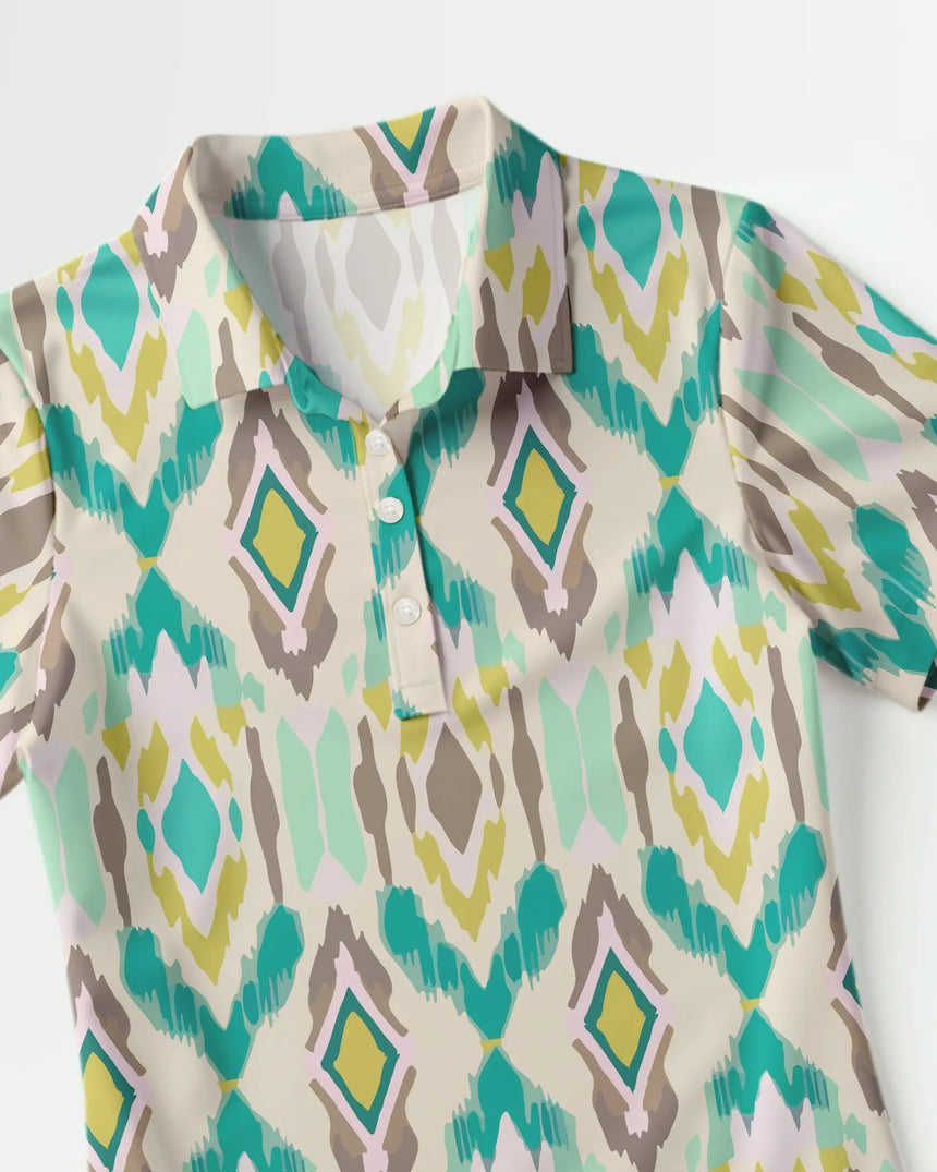 women's short sleeve golf polo in Par-tee Tribe print - fabric closeup front view
