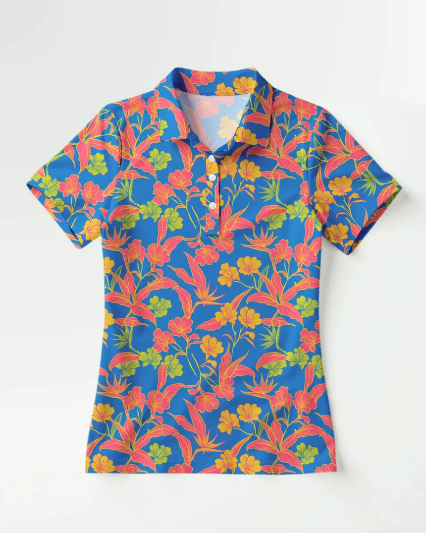women's short sleeve golf polo in Paradise Found print - front view