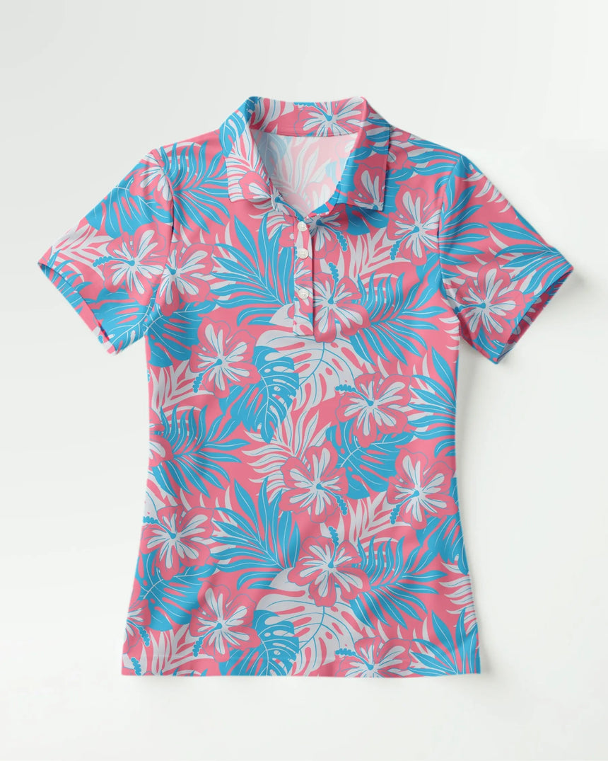 women's short sleeve golf polo in Pink Palms print - front view