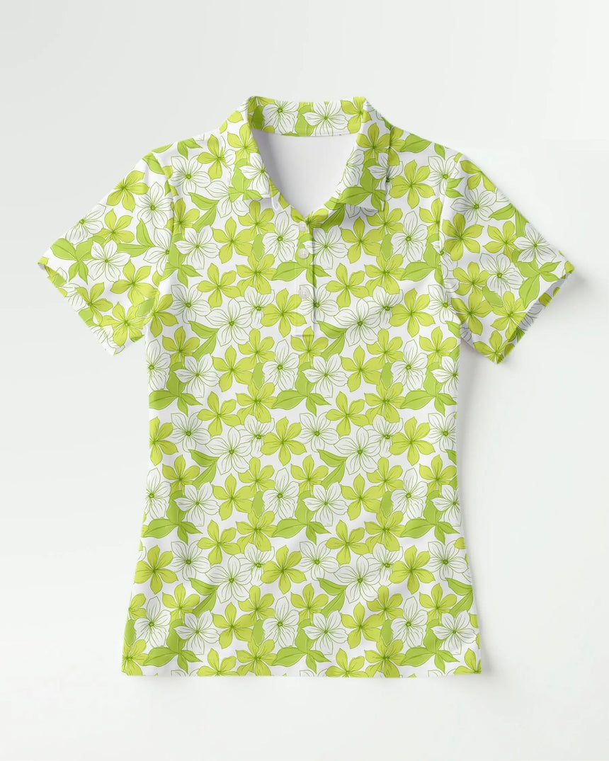 women's short sleeve golf polo in Spring Greens print - front view