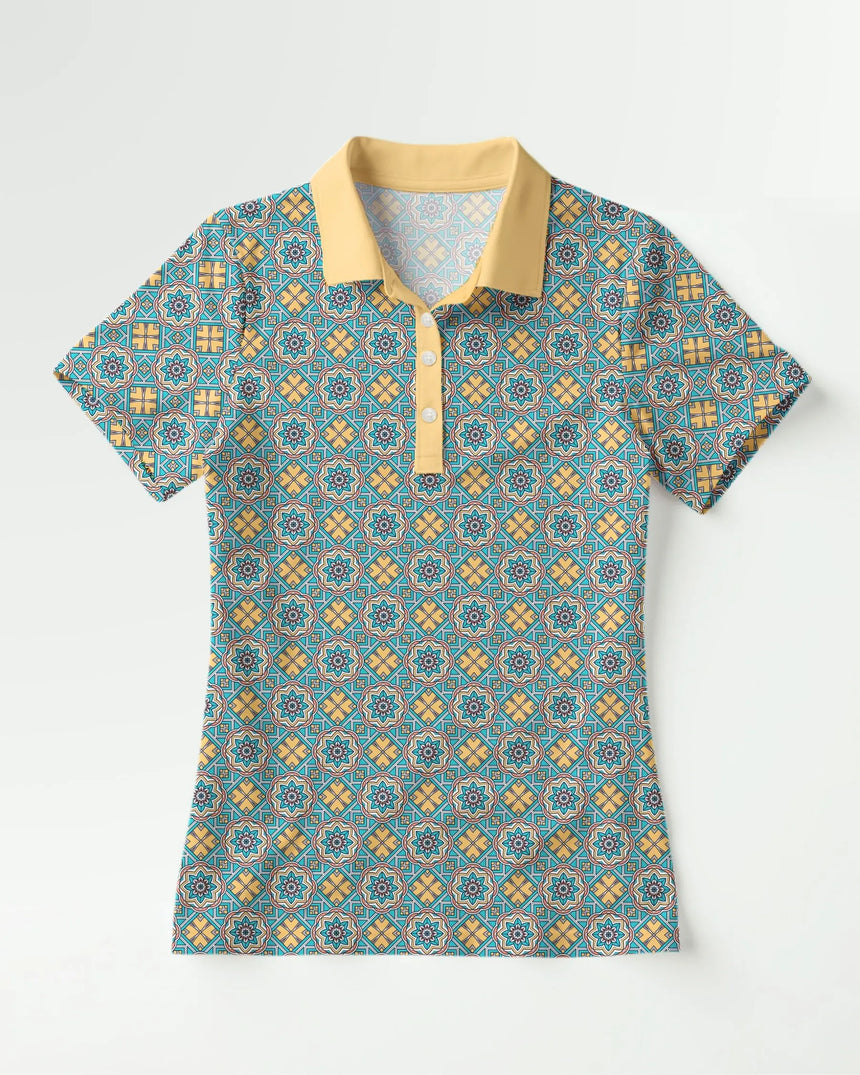 women's short sleeve golf polo in Sunset Swing print - front view