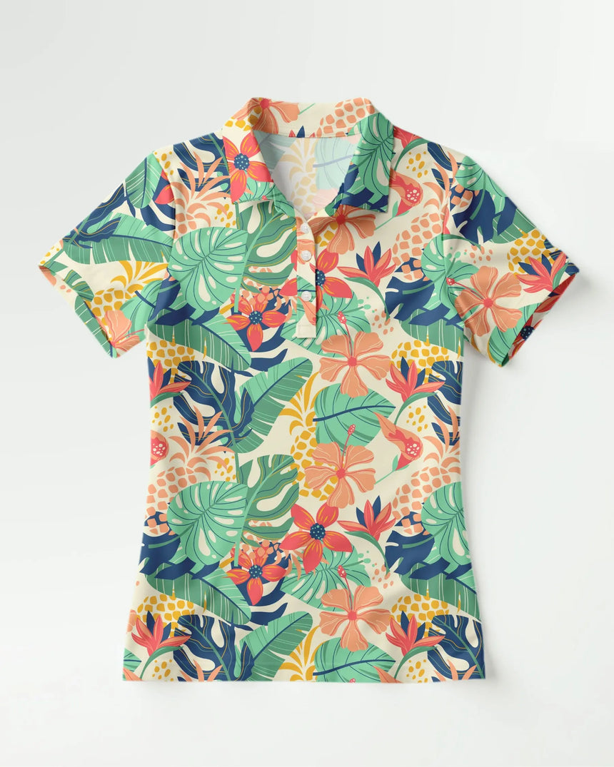 women's short sleeve golf polo in Tee Time Tropic print - front view