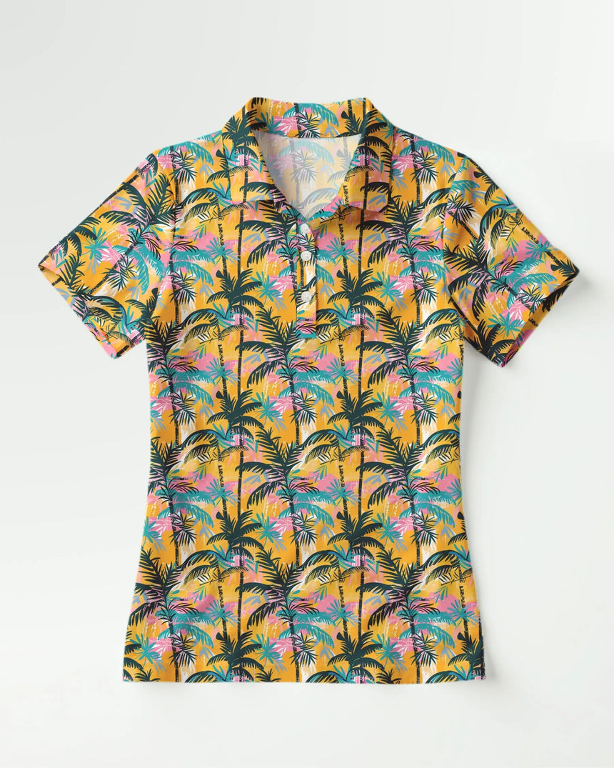 women's short sleeve golf polo in The Palms print - front view