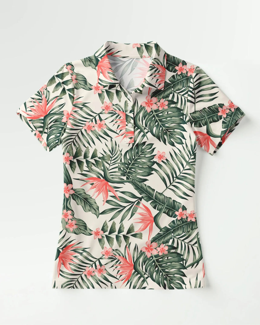 women's short sleeve golf polo in Tropical Fare print - front view