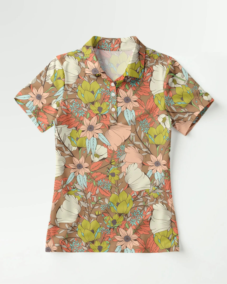 women's short sleeve golf polo in Vintage Garden print - front view