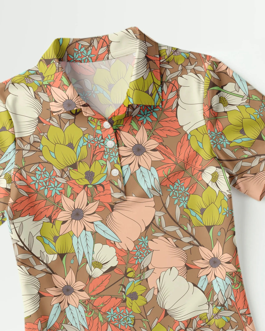 women's short sleeve golf polo in Vintage Garden print - fabric closeup front view