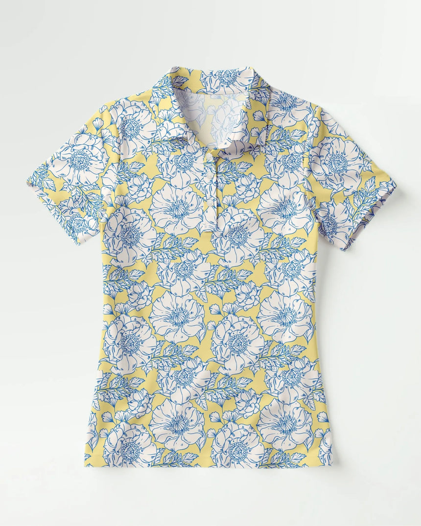 women's short sleeve golf polo in Vintage Peony print - front view