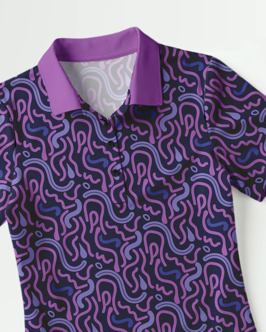 women's short sleeve golf polo in Wild Tee Party print - fabric closeup front view