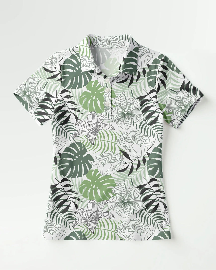 women's short sleeve golf polo in Zen Greens print - front view
