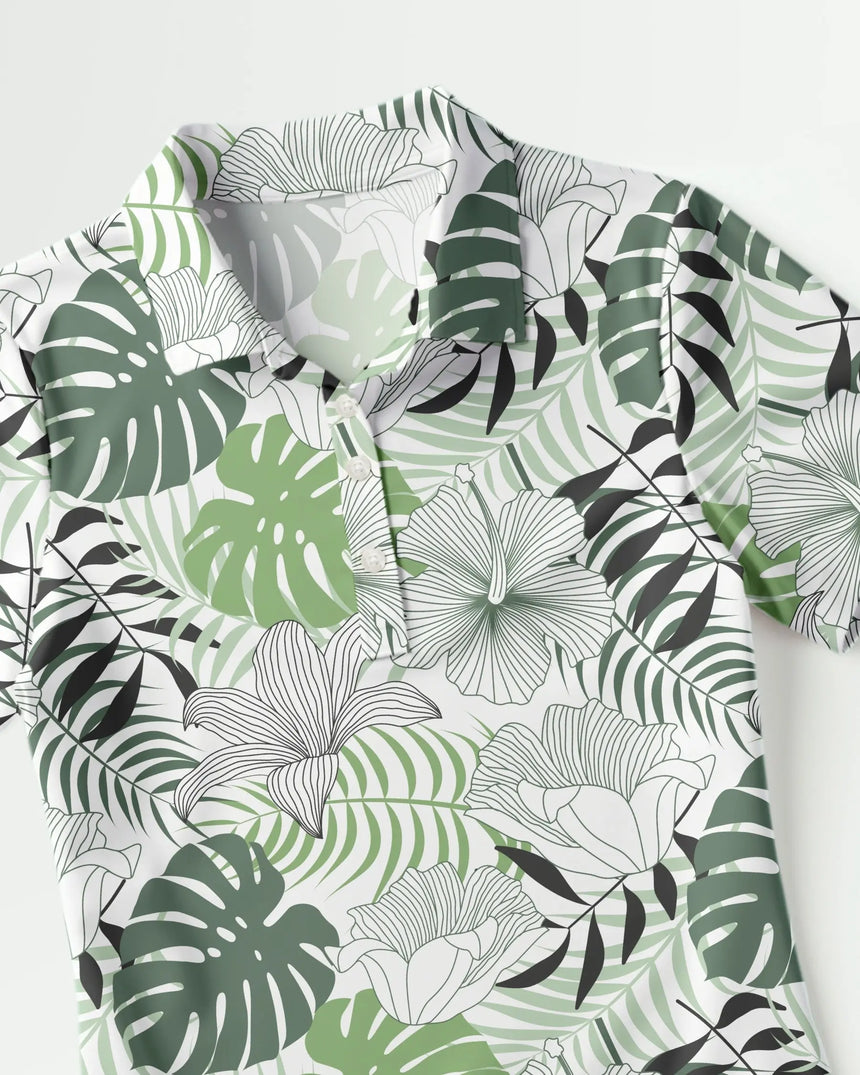 women's short sleeve golf polo in Zen Greens print - fabric closeup front view