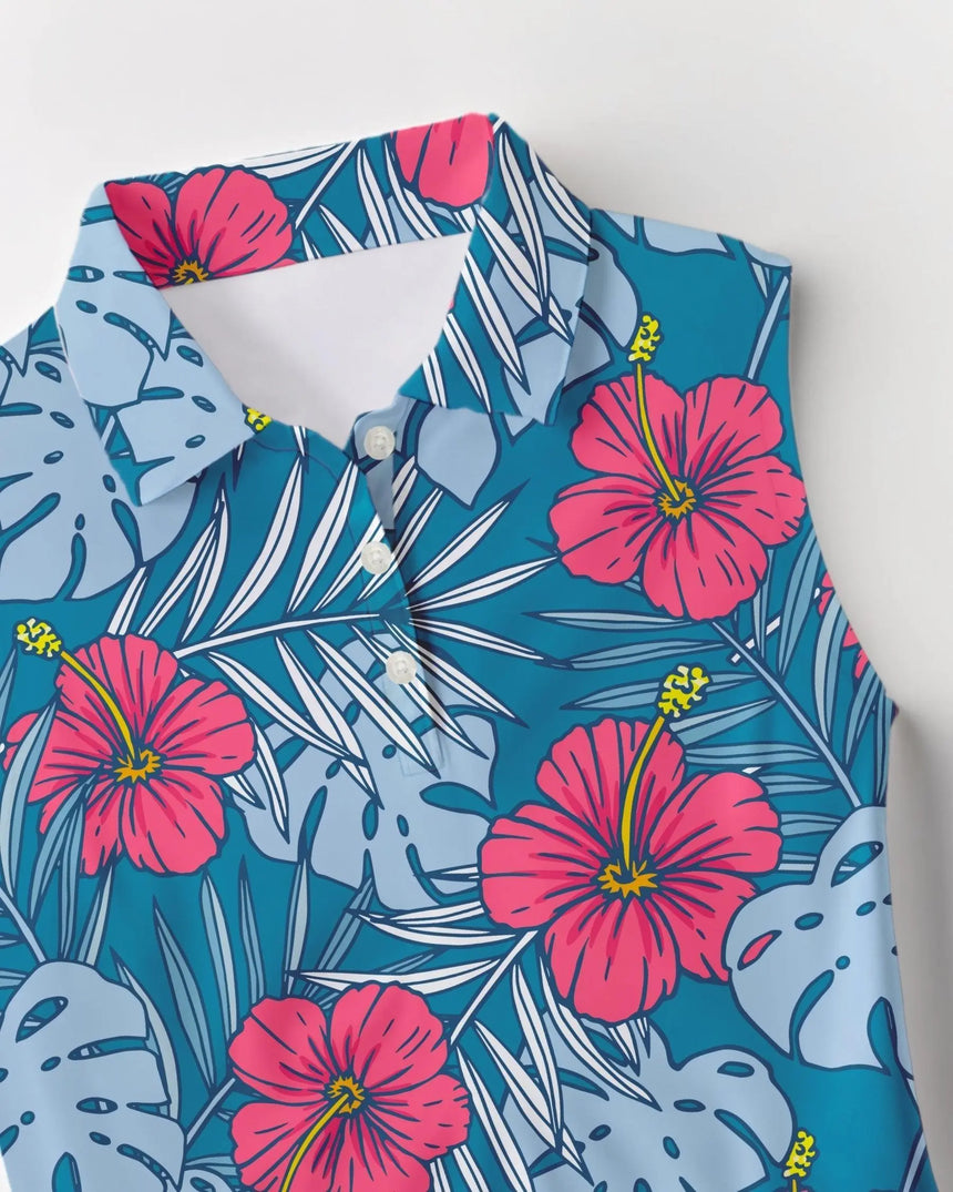Sleeveless Hawaiian golf shirt with pink floral and blue leaf pattern on a white background