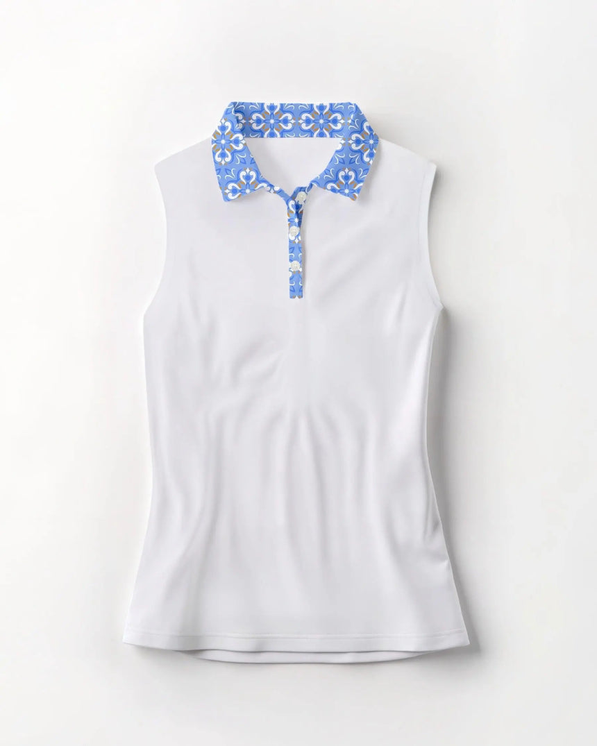 women's sleeveless golf polo in Blue Mosaic print - front view