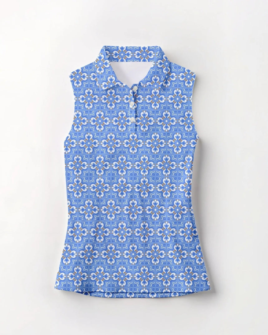 Women's blue sleeveless polo shirt with floral pattern on a white background