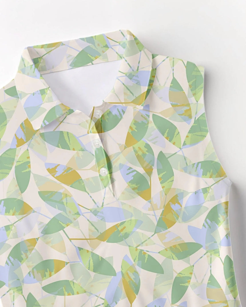 Sleeveless polo shirt with a leaf pattern on a white background