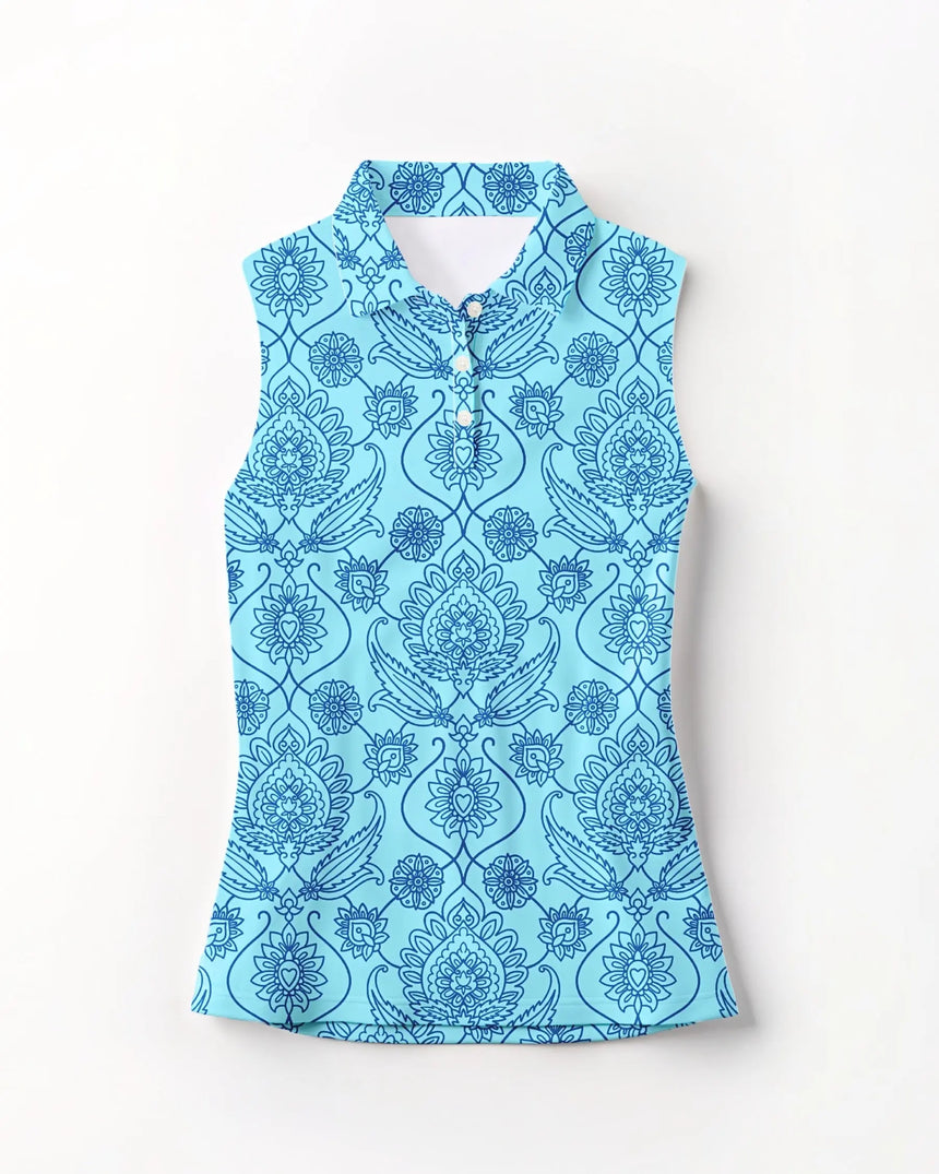 Blue floral print sleeveless polo shirt