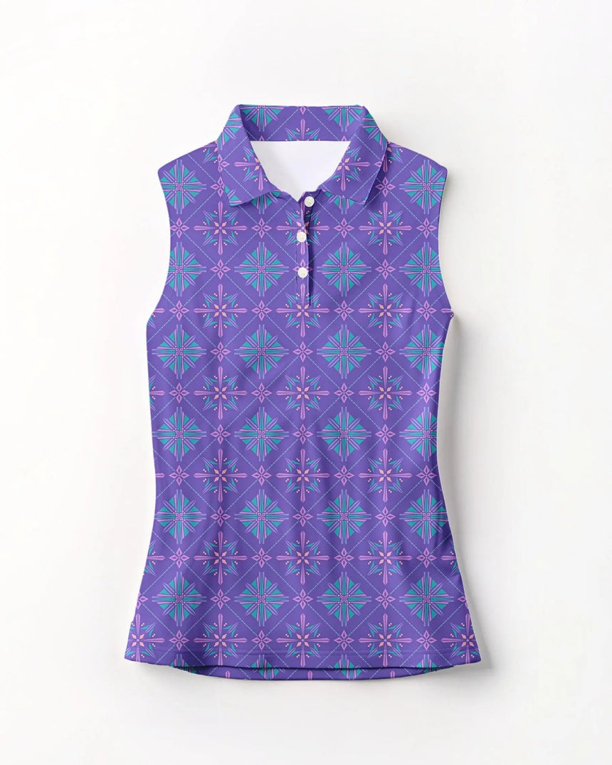 Purple sleeveless shirt with geometric pattern on a white background