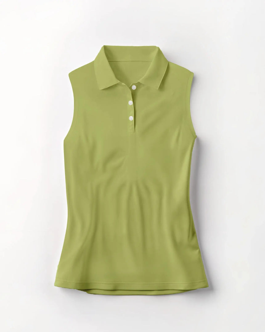 women's sleeveless golf polo in Garden on the Green print - front view
