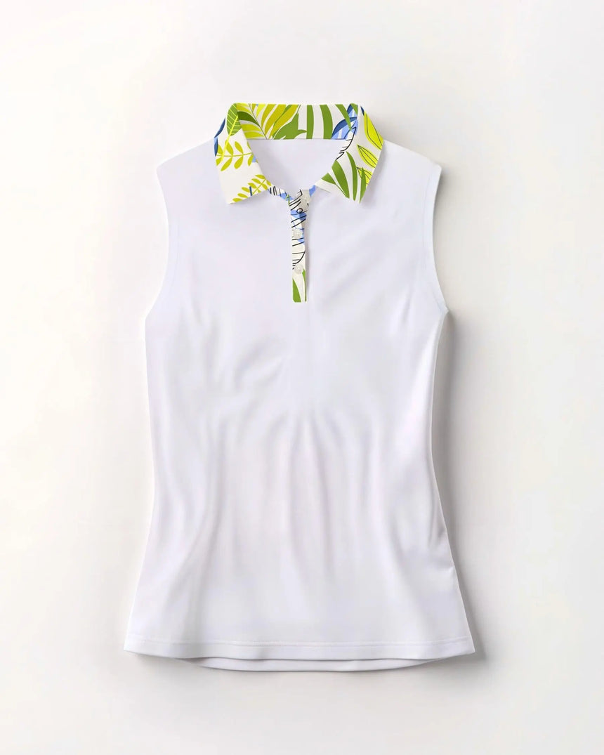 women's sleeveless golf polo in Jungle Swing print - front view