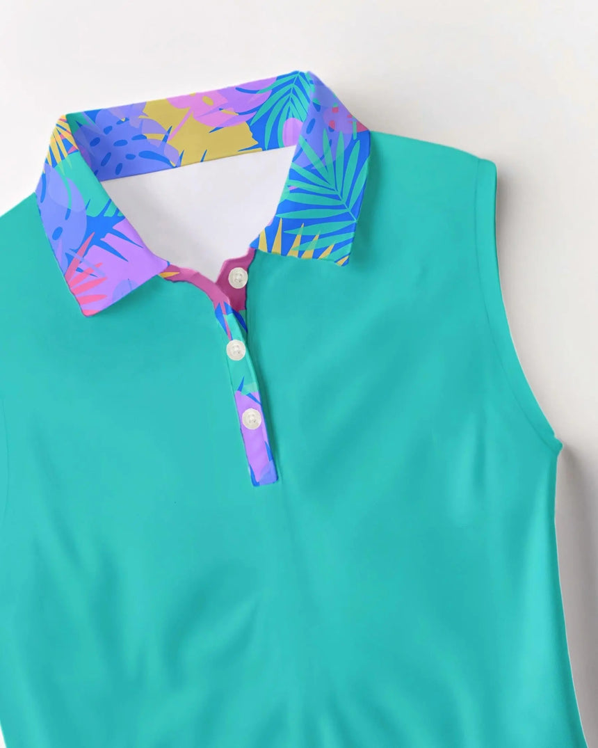 women's sleeveless golf polo in Jungle Vibes print - fabric closeup front view