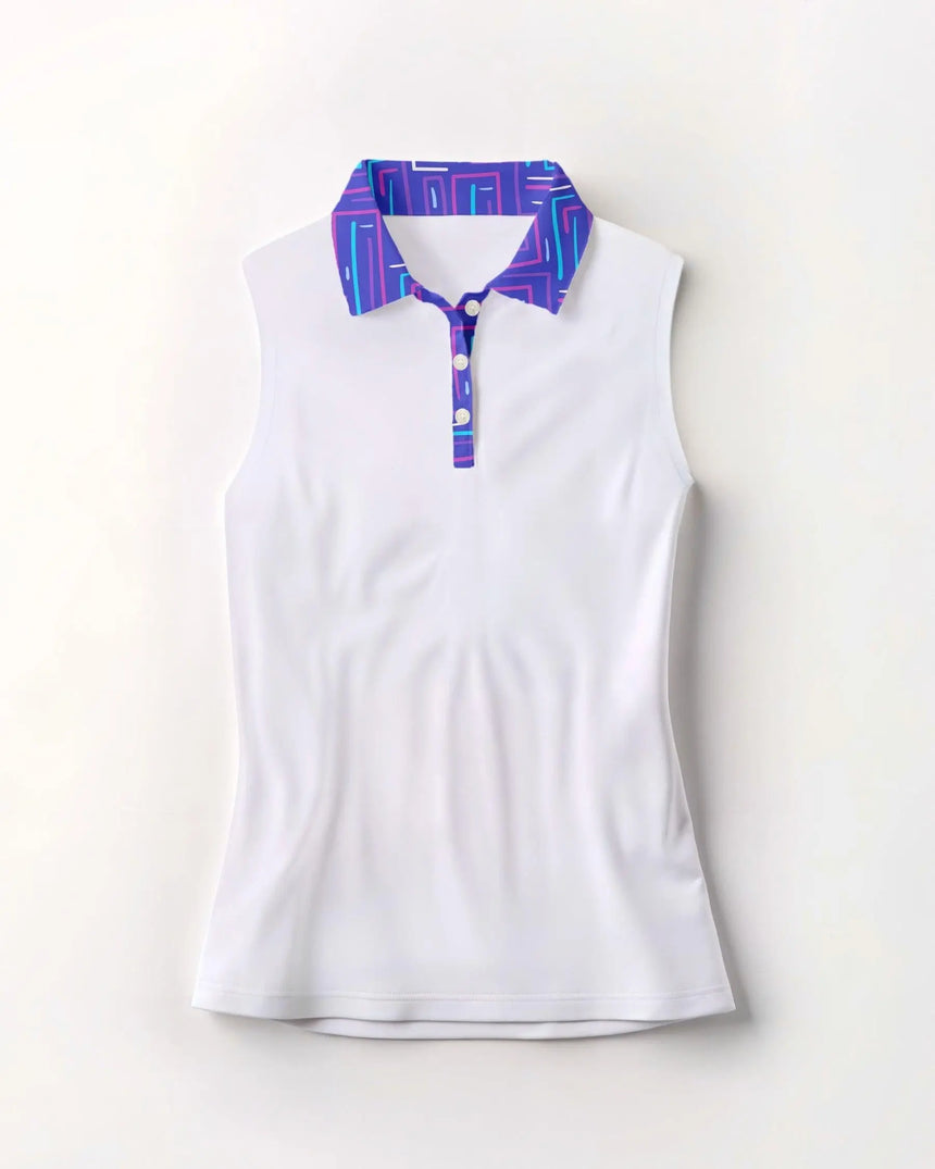 women's sleeveless golf polo in Links Labyrinth print - front view