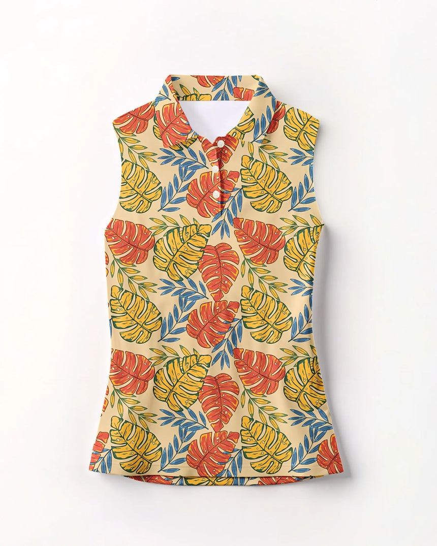 Sleeveless shirt with tropical leaf pattern on a white background