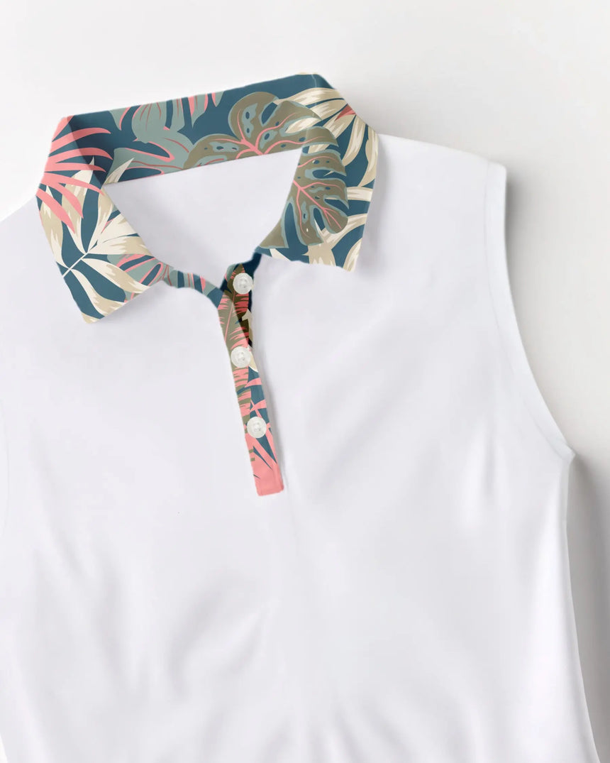 women's sleeveless golf polo in Palm Party print - fabric closeup front view