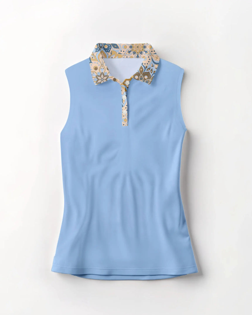 women's sleeveless golf polo in Retro Botanic print - front view