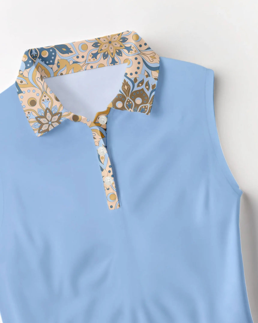 women's sleeveless golf polo in Retro Botanic print - fabric closeup front view