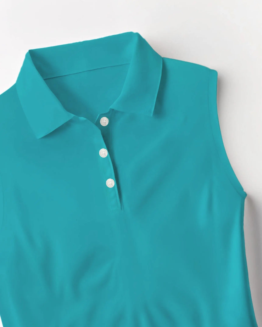 women's sleeveless golf polo in The Palms print - fabric closeup front view