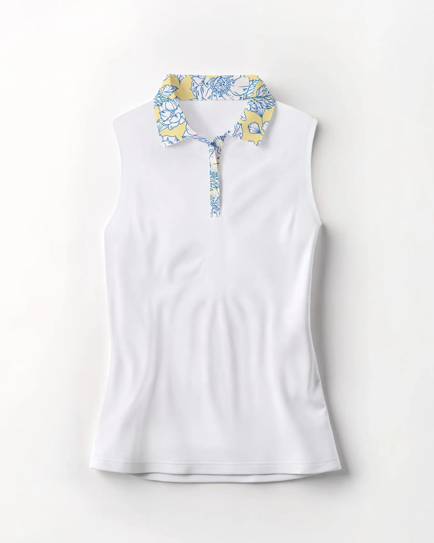 women's sleeveless golf polo in Vintage Peony print - front view