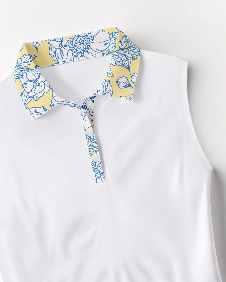 women's sleeveless golf polo in Vintage Peony print - fabric closeup front view