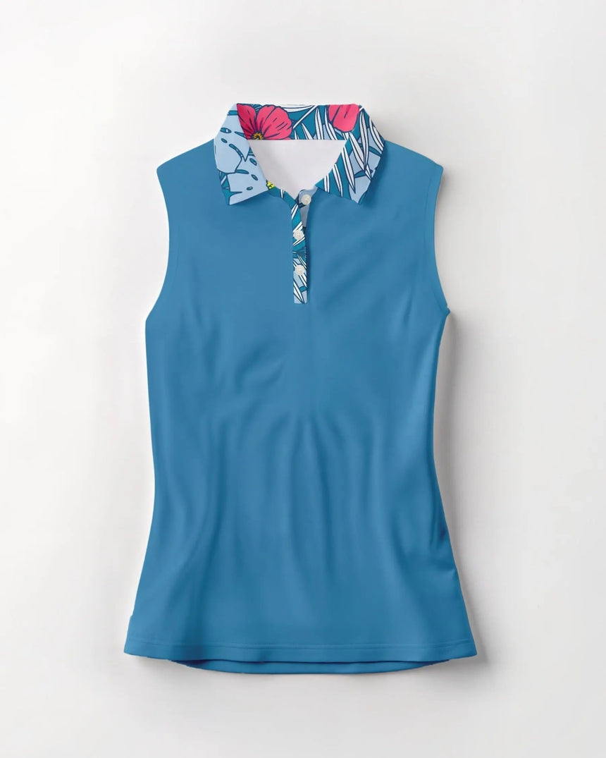 Blue sleeveless polo with a colorful collar on a white background