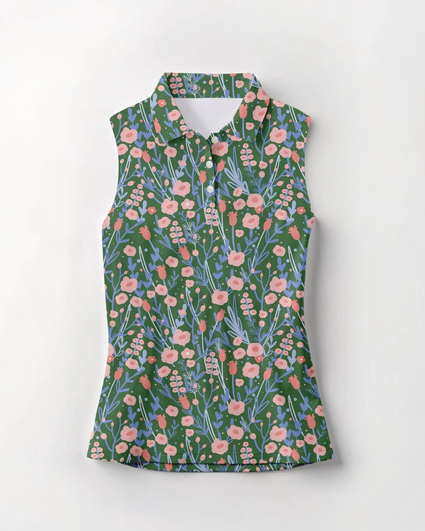 women's sleeveless golf polo in Back Nine Blossoms print - front view