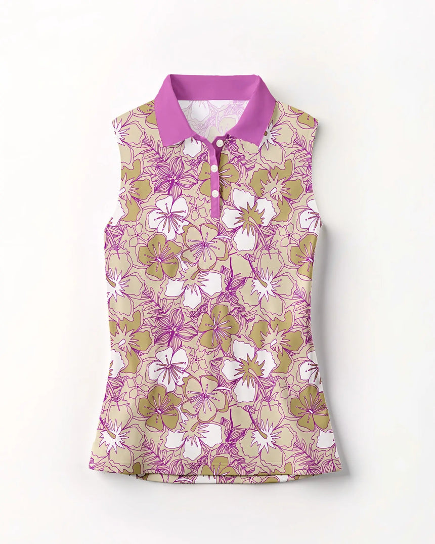 women's sleeveless golf polo in Blossom Breeze print - front view