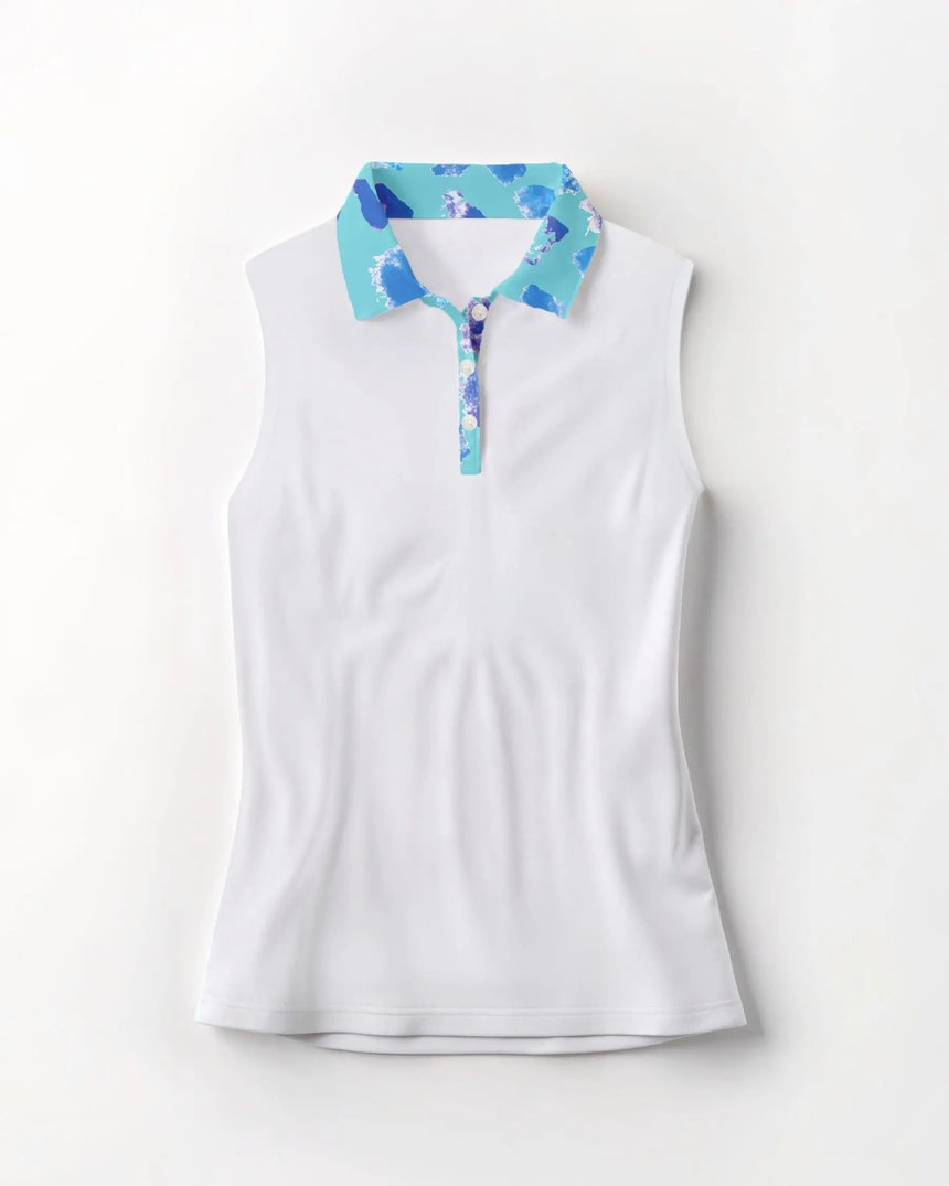 White sleeveless golf shirt with a colorful collar on a white background