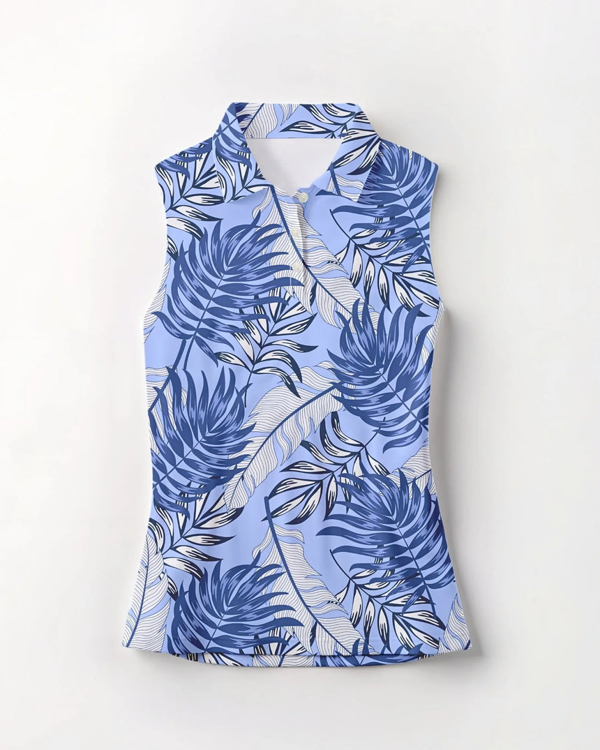 women's sleeveless golf polo in Blue Palms print - front view