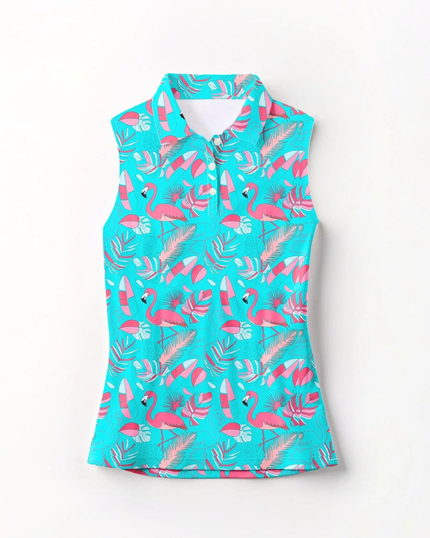 women's sleeveless golf polo in Fore the Flamingos print - front view