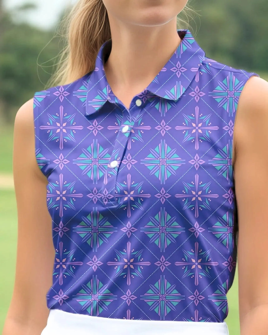 women's sleeveless golf polo in Foremation print - model wearing on course