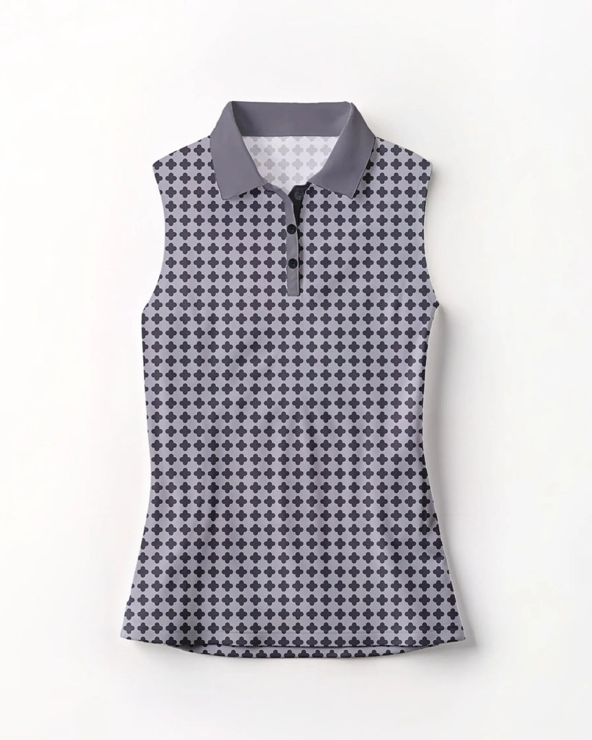 women's sleeveless golf polo in Golf Noir print - front view