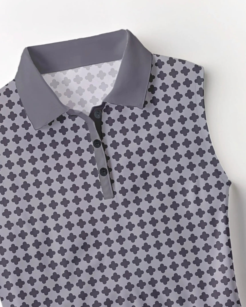 women's sleeveless golf polo in Golf Noir print - fabric closeup front view