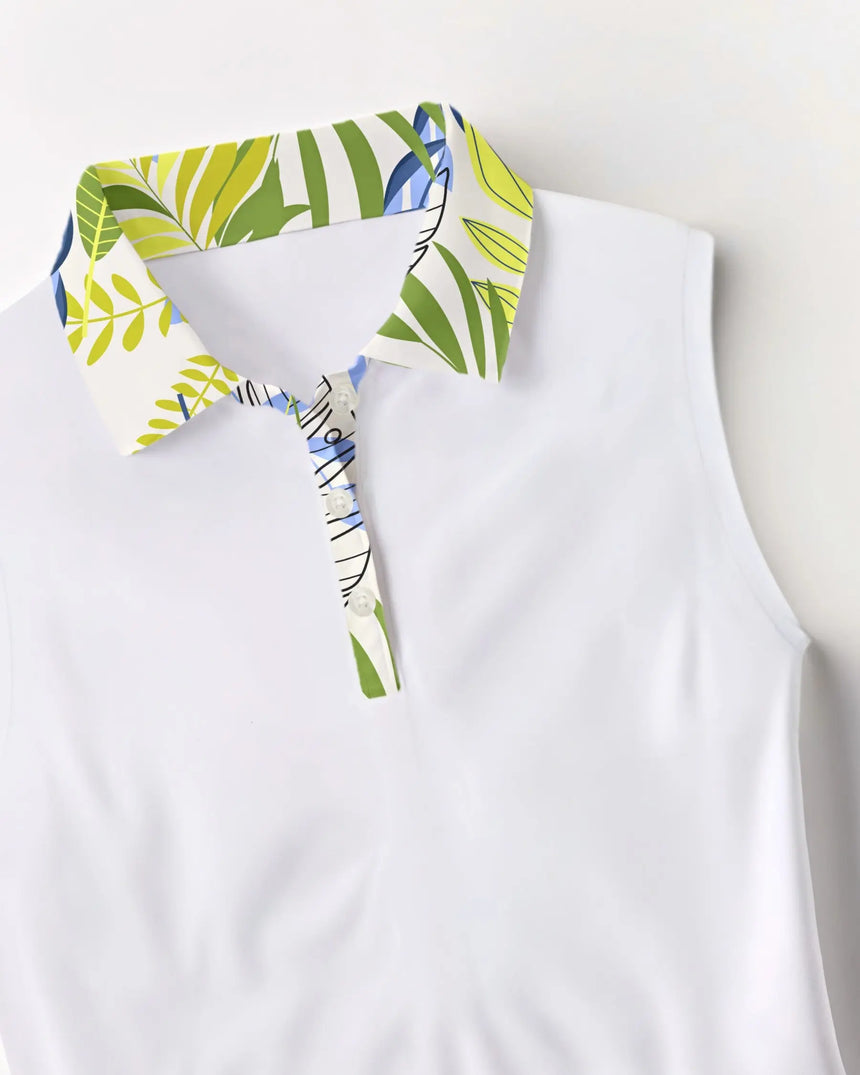 White sleeveless golf shirt with a colorful collar on a white background