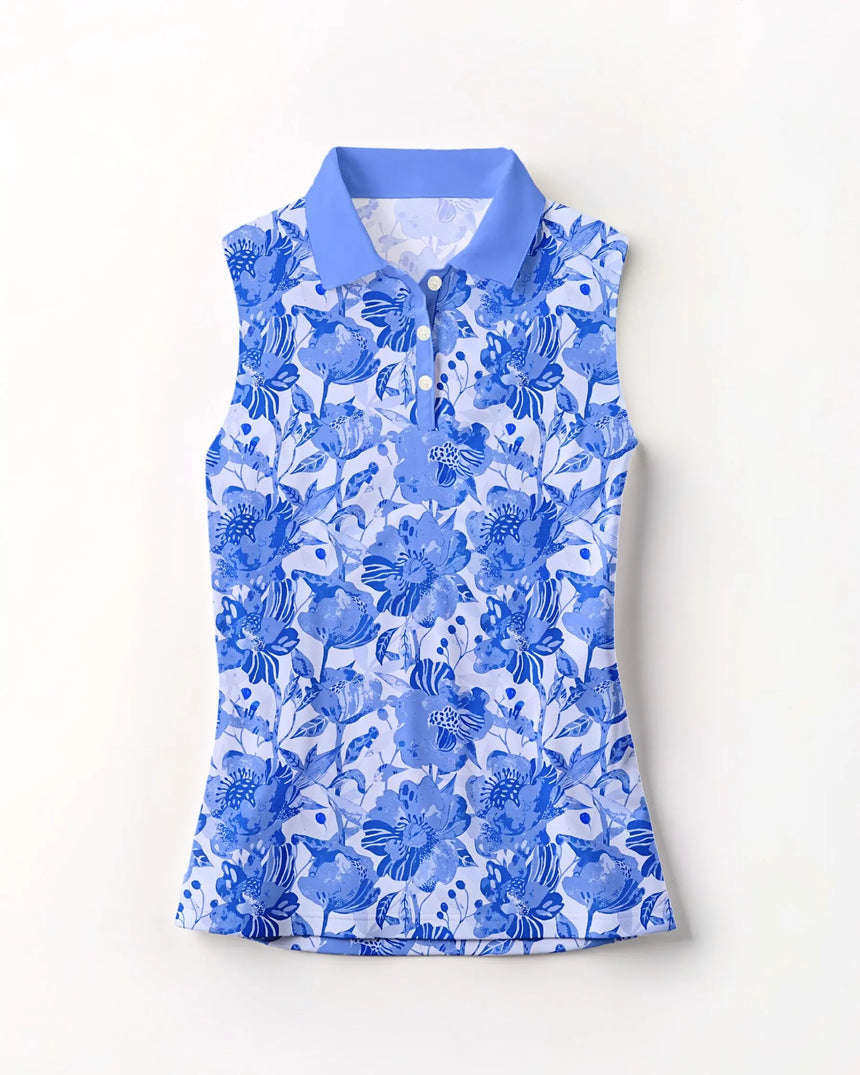 women's sleeveless golf polo in Ladybird Bloom print - front view