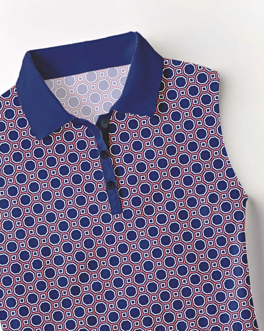 women's sleeveless golf polo in Lattice Links print - fabric closeup front view