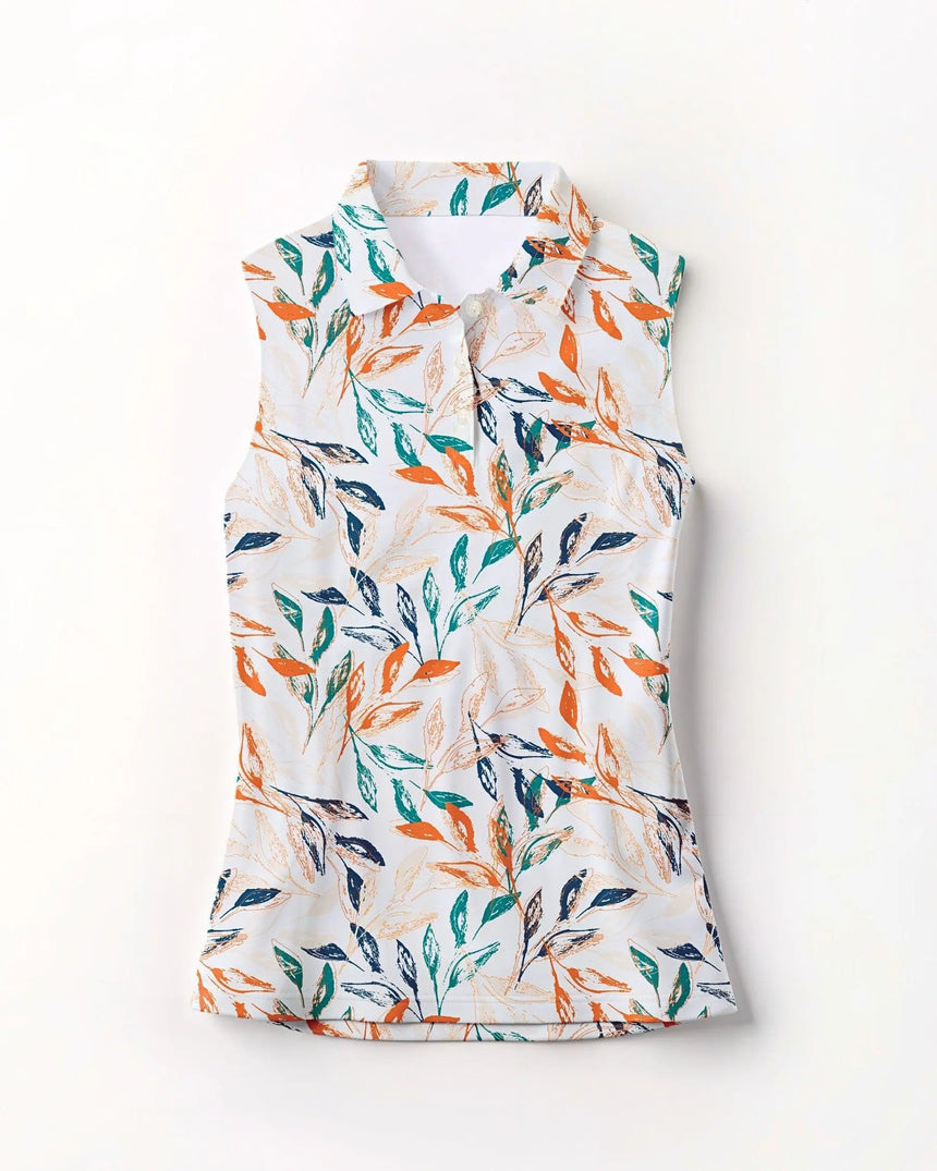 women's sleeveless golf polo in Leaf It On the Green print - front view