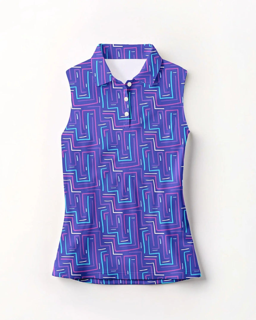 women's sleeveless golf polo in Links Labyrinth print - front view